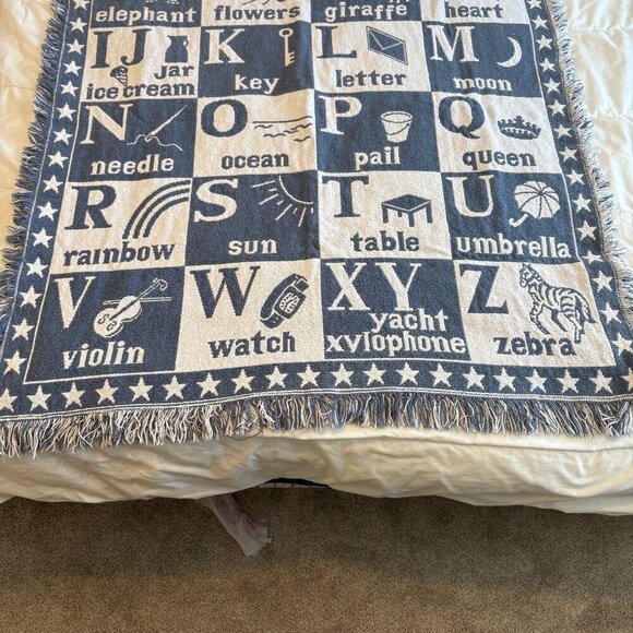 Vintage Blue/White Cotton Alphabet Tapestry Blanket Baby Toddler Nursery Decor - Picture 2 of 6